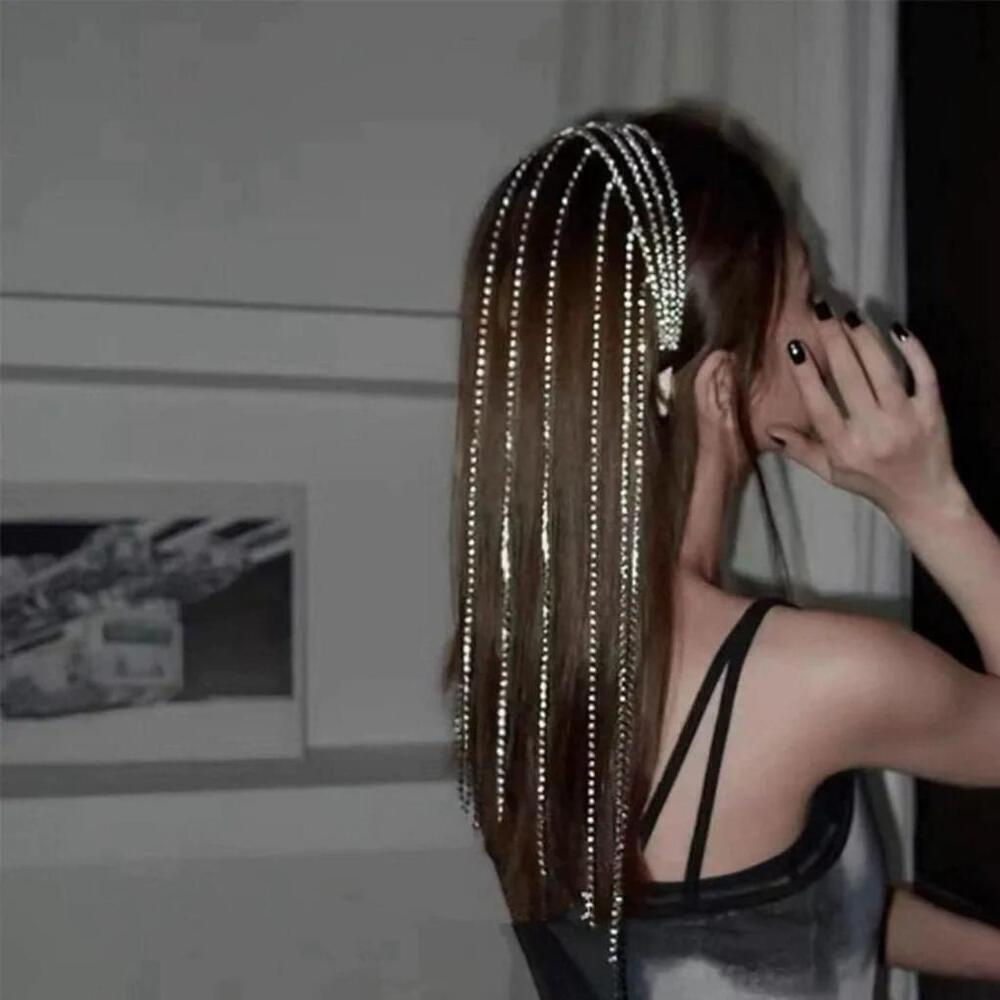 Four Layered Fringe Rhinestone Long Headband In Gold - Picture 3 of 5
